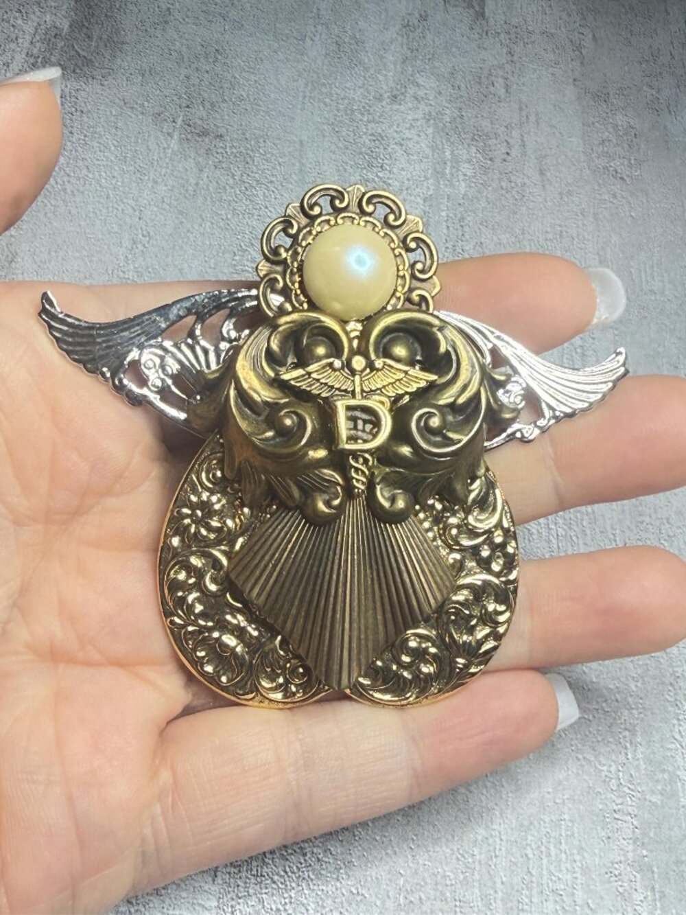 KSC Angel Brooch Mixed Metal Pearl Vintage OOAK Handmade 3 inches
